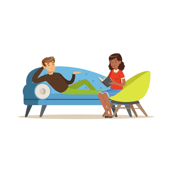 Male patient character lying on the sofa and talking to female psychologist about problems, psychotherapy counseling, psychologist having session with patient vector Illustration — Stock Vector