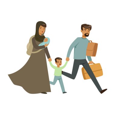 Stateless refugee family escaping from war with their little kids, war victims concept vector Illustration clipart
