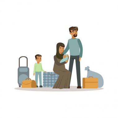 Stateless refugee family with suitcases, war victims concept vector Illustration clipart