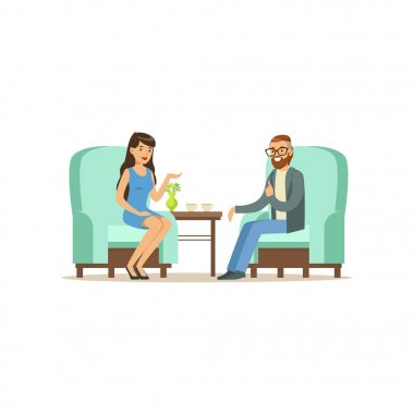 Güzel kadın hasta karakter için erkek psikolog konuşma sorunları, psikoterapi danışmanlık, oturum hasta vektör çizim ile olan psikolog konusunda