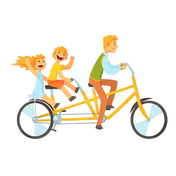 Pai e filhos andando de bicicleta em tandem —  Vetores de Stock