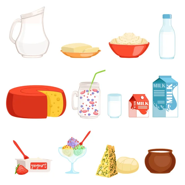 Conjunto de productos lácteos, leche, mantequilla, queso, yogur, crema agria, vector de helados Ilustraciones — Archivo Imágenes Vectoriales