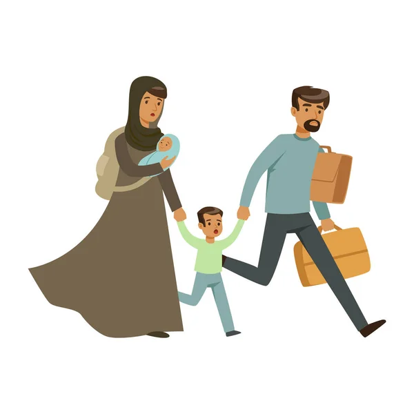 Familia de refugiados apátridas escapando de la guerra con sus hijos pequeños, víctimas de la guerra vector concepto Ilustración — Vector de stock