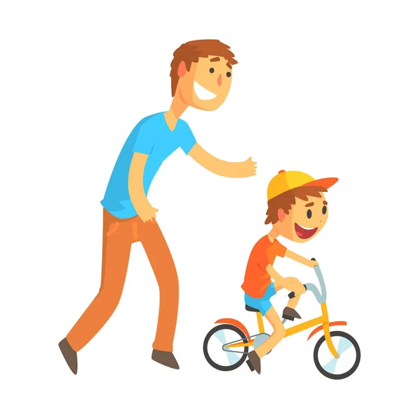 Padre enseñando a su hijo a montar en bicicleta — Vector de stock