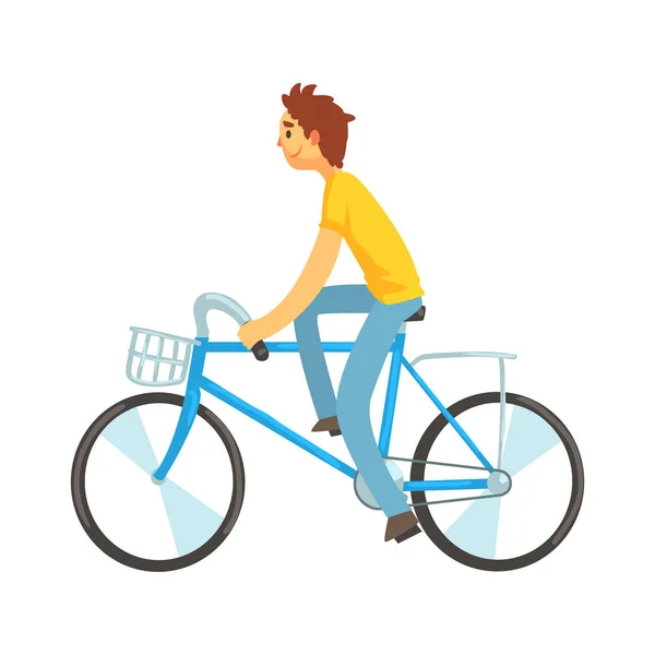 Adult man riding bicycle with front basket — Stock Vector