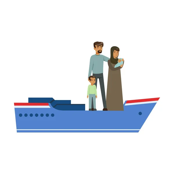 Familia de refugiados apátridas en un barco, migración ilegal, víctimas de guerra vector conceptual Ilustración — Vector de stock