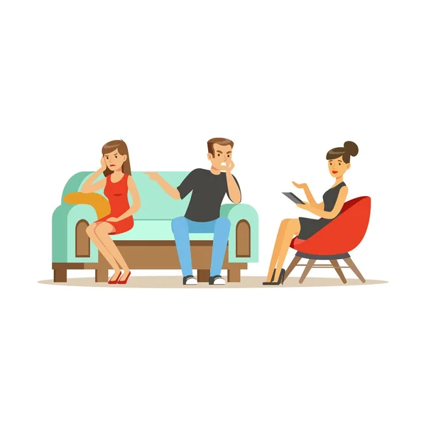 Unhappy family couple characters talking to female psychologist about their problems, psychotherapy counseling, psychologist having session with patient vector Illustration — Stock Vector