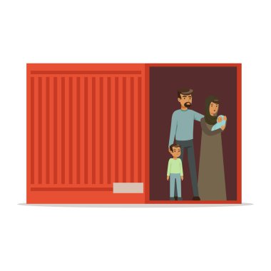 Stateless refugee family standing in cargo container, illegal migration, war victims concept vector Illustration clipart
