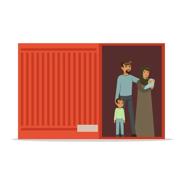 Familie van de staatloze vluchtelingen permanent in cargo container, illegale migratie, oorlog slachtoffers concept vector illustratie — Stockvector