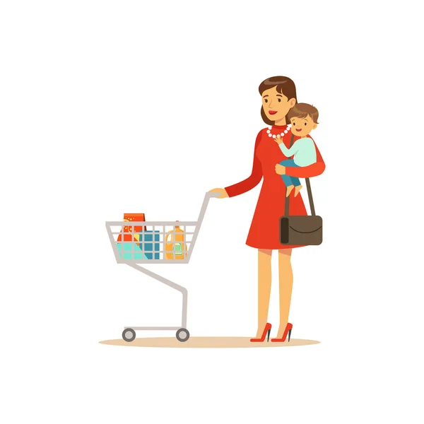 Super mamá con niño y carrito de compras — Vector de stock