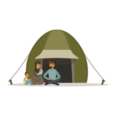 Stateless refugee family living in a camp, social assistance for refugees vector Illustration clipart