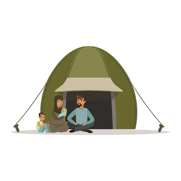 Familie van de staatloze vluchteling in een kamp, sociale hulp voor vluchtelingen vector illustratie — Stockvector