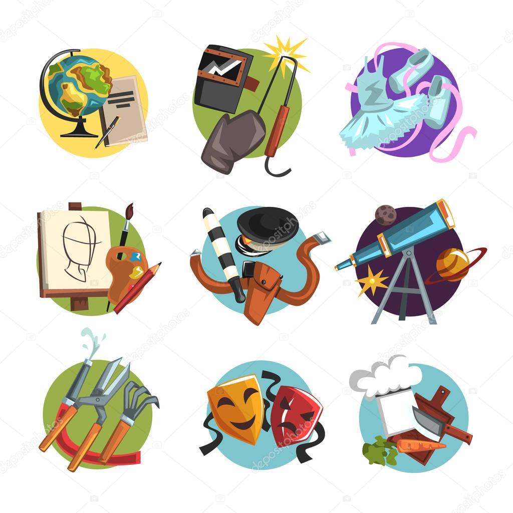 Symbols of different professions icons set, professional tools vector Illustrations