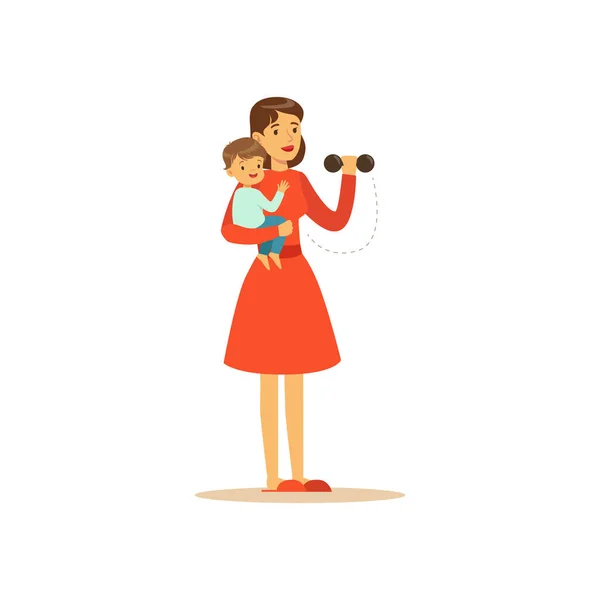 Charakter Super maminka s dítětem dělat cvičení — Stockový vektor