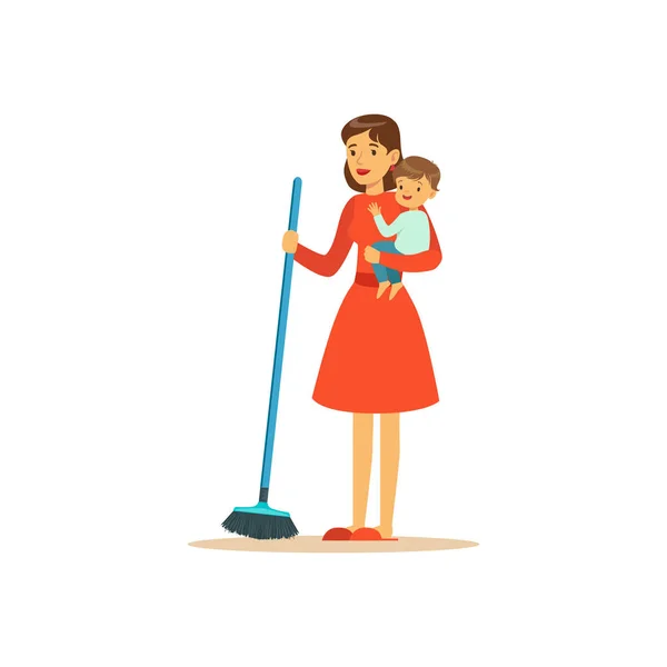 Super mãe varrer o chão, personagem com criança —  Vetores de Stock