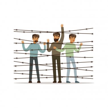 Stateless refugees facing the barbed wire fence, refugee camp, war victims concept vector Illustration clipart