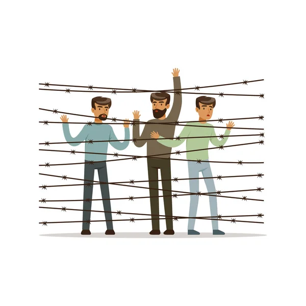 Refugiados apátridas frente a la valla de alambre de púas, campo de refugiados, víctimas de guerra vector conceptual Ilustración — Vector de stock