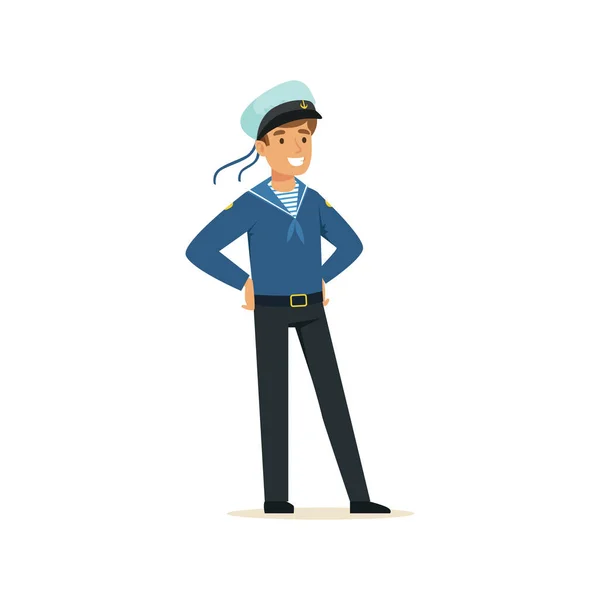 Lachende sailor man karakter in blauwe uniform vector illustratie — Stockvector