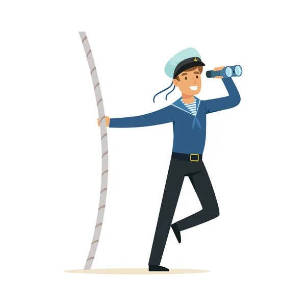 Sailor man karakter in het blauwe uniform kijken door spyglass vector illustratie — Stockvector