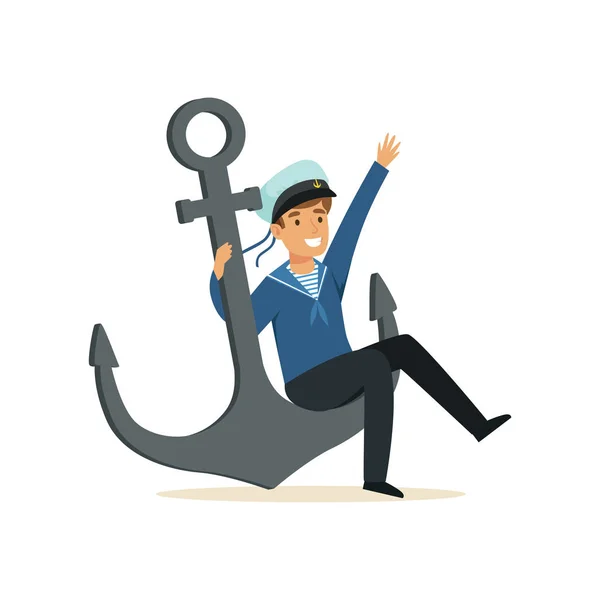 Sailor man character in blue uniform sitting on a giant anchor vector Illustration — Stock Vector