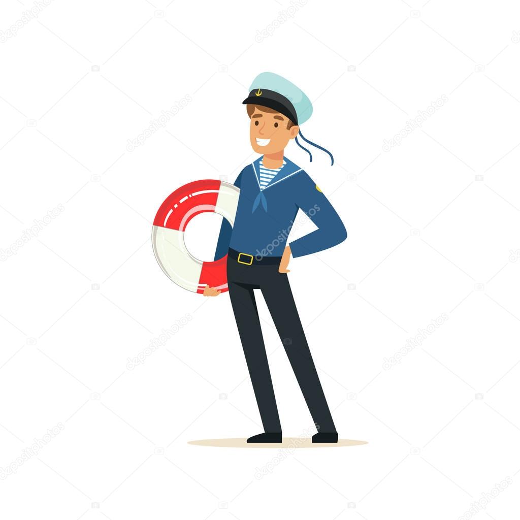 Sailor man character in blue uniform with lifebuoy vector Illustration