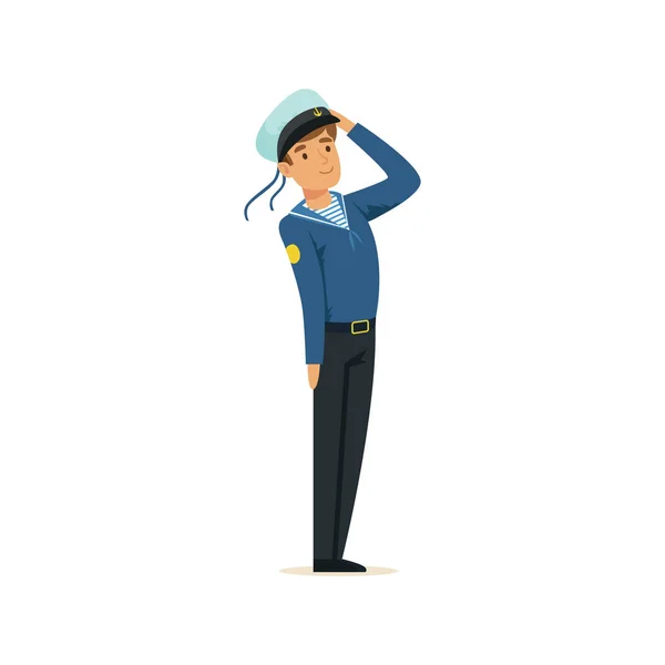 Denizci adam karakter mavi üniformalı vektör çizim selamlayan — Stok Vektör