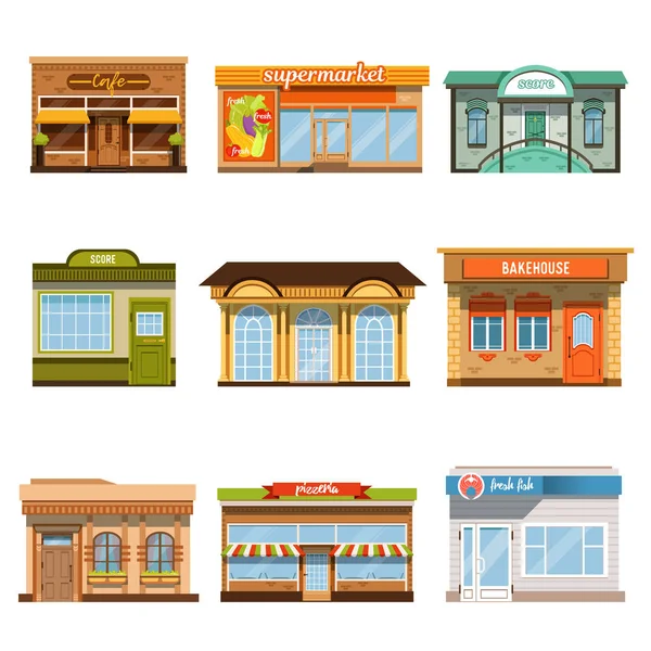 Store shop front window buildings icon set flat isolated — Stock Vector