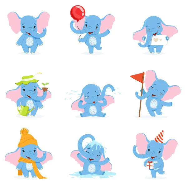 Lindo elefante personaje conjunto, divertido bebé elefante en diferentes poses y situaciones vector Ilustraciones — Vector de stock