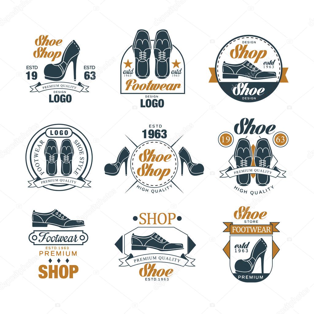 Shoe shop vintage logo design set, premium footwear quality estd 1963 vector Illustrations