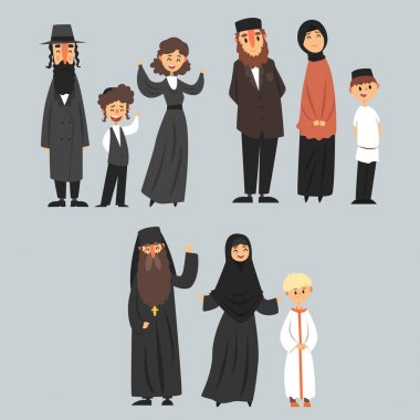 İnsanlar farklı dinlerin geleneksel giysileri, Yahudi, Müslüman, Ortodoks aile vektör çizimler