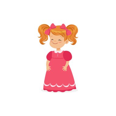 Güzel kızıl saçlı küçük kız pembe elbiseli genç bayan klasik retro tarzı vektör çizim giyinmiş poz