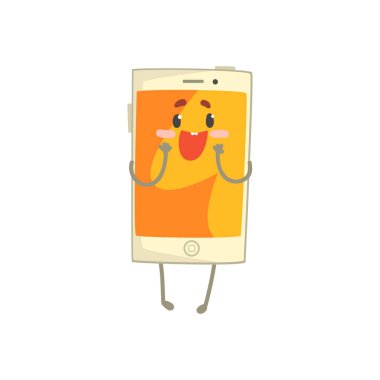 Cute smartphone karakter turuncu bir ekran ile şaşırttı, kollarını ve bacaklarını vektör çizim karikatür