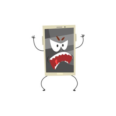 Kızgın smartphone karakteri bir gri ekran, kollar ve bacaklar karikatür vektör çizim ile