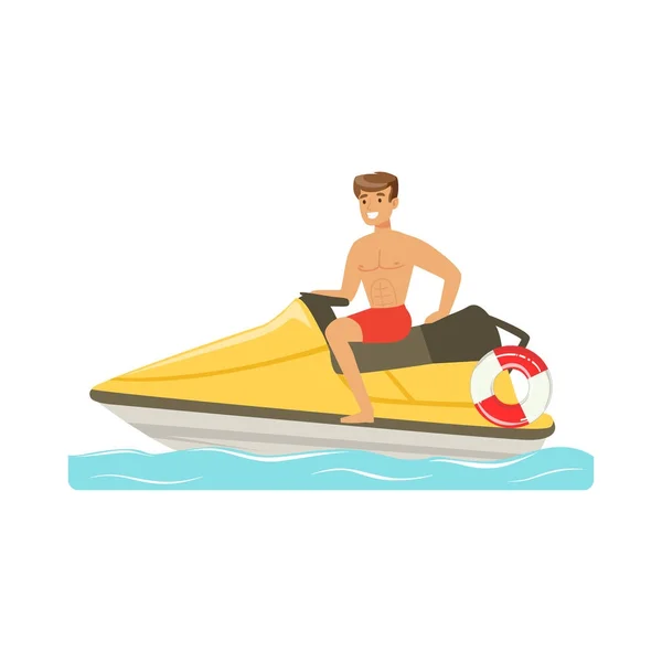 Mannelijke badmeester in rode korte broek professionele hulpverlener op het strand vector illustratie door water motorfiets, rijden — Stockvector