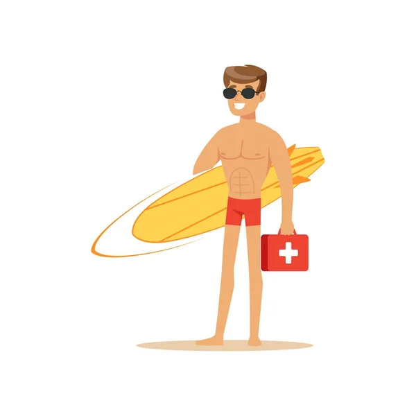 Bagnino maschile in pantaloncini rossi con tavola da surf e kit di pronto soccorso, soccorritore professionista sul vettore spiaggia Illustrazione — Vettoriale Stock