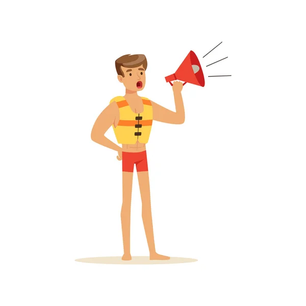 Bagnino maschile in pantaloncini rossi urlando di megafono, soccorritore professionista sul vettore spiaggia Illustrazione — Vettoriale Stock
