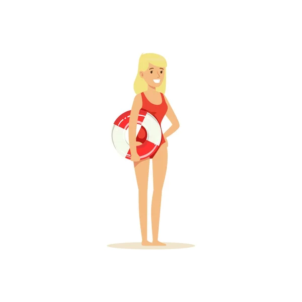 Vrouwelijke badmeester op een voet van de rode zwembroek met reddingsboei, redder professionele vector illustratie — Stockvector