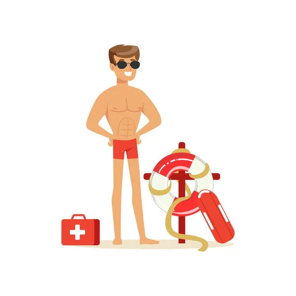 Bagnino maschile in pantaloncini rossi con attrezzatura in spiaggia, soccorritore professionista sul vettore spiaggia Illustrazione — Vettoriale Stock