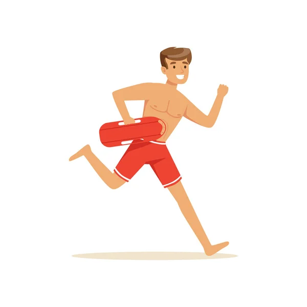 Mannelijke badmeester in rode korte broek met ploertendoder boei, professionele hulpverlener op het strand vector illustratie — Stockvector
