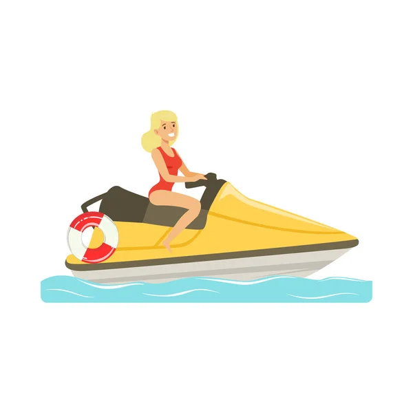 Bagnino femminile in costume da bagno rosso guida in moto d'acqua, soccorritore vettore professionale Illustrazione — Vettoriale Stock