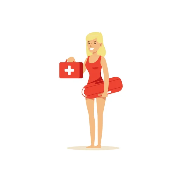 Bagnino femminile in costume da bagno rosso in piedi con salvagente boa e kit di pronto soccorso, soccorritore professionale vettoriale Illustrazione — Vettoriale Stock