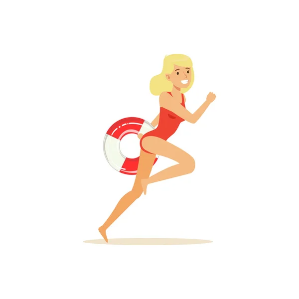 Female lifeguard in a red swimsuit runnning with lifebuoy, rescuer professional vector Illustration — Stock Vector