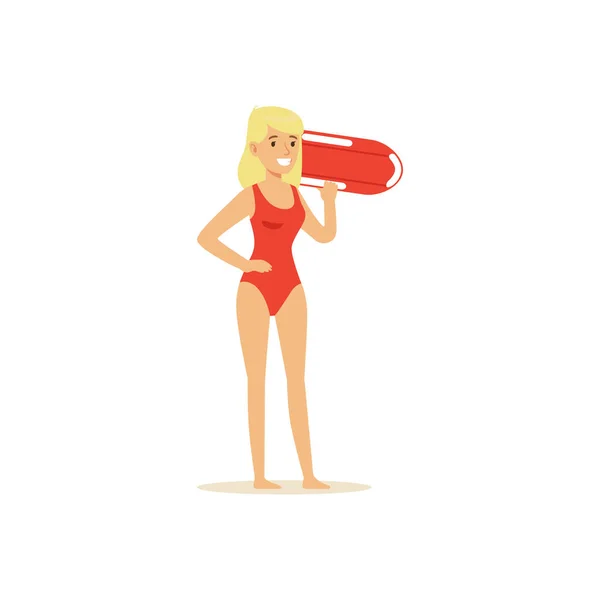 Female lifeguard in a red swimsuit standing with life preserver buoy, rescuer professional vector Illustration — Stock Vector