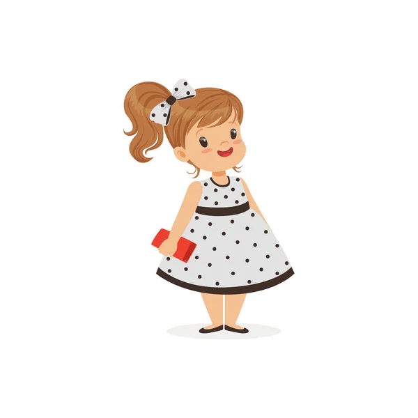 Polka dot güzel küçük kız elbise, klasik retro tarzı vektör çizim giyinmiş genç bayan — Stok Vektör
