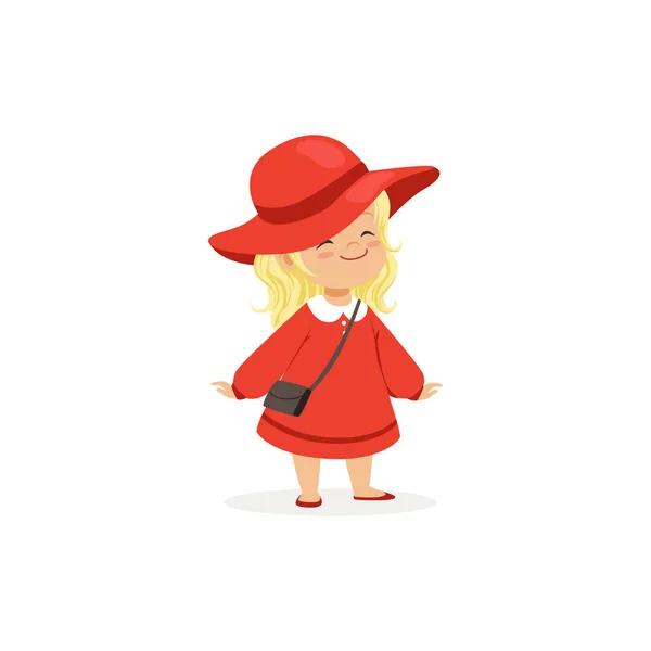 Klasik retro tarzı vektör çizim zarif sarışın küçük kız poz kırmızı şapka ve kıyafet, genç bayan giyinmiş — Stok Vektör