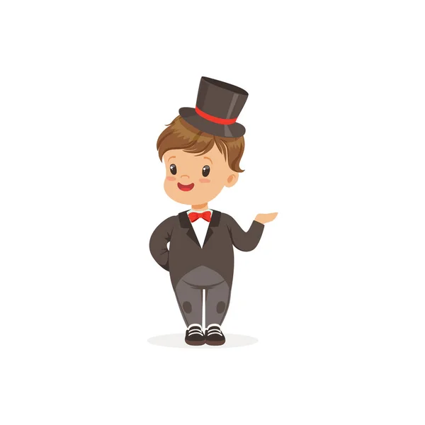 Elegant little boy wearing dinner jacket and black top hat, young gentleman dressed up in classic retro style vector Illustration — Stock Vector