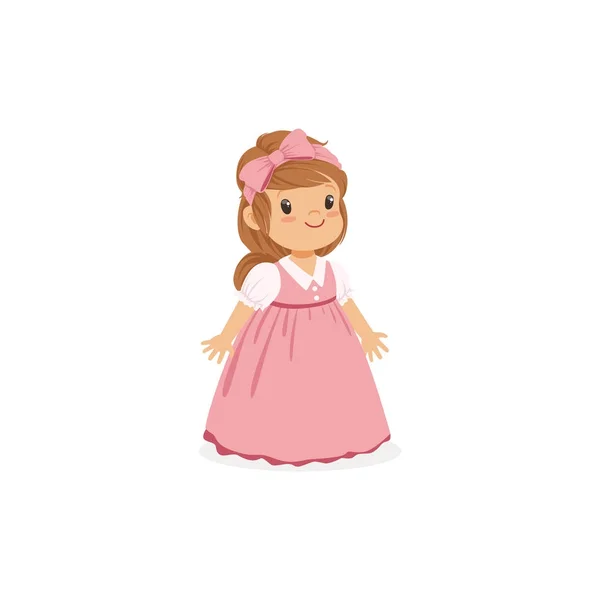Krásná holčička pózuje v růžové dlouhé šaty, mladá dáma oblečená v klasickém retro stylu vektorové ilustrace — Stockový vektor