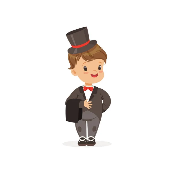Cute little boy wearing grey dinner jacket and black top hat, young gentleman dressed up in classic retro style vector Illustration — Stock Vector