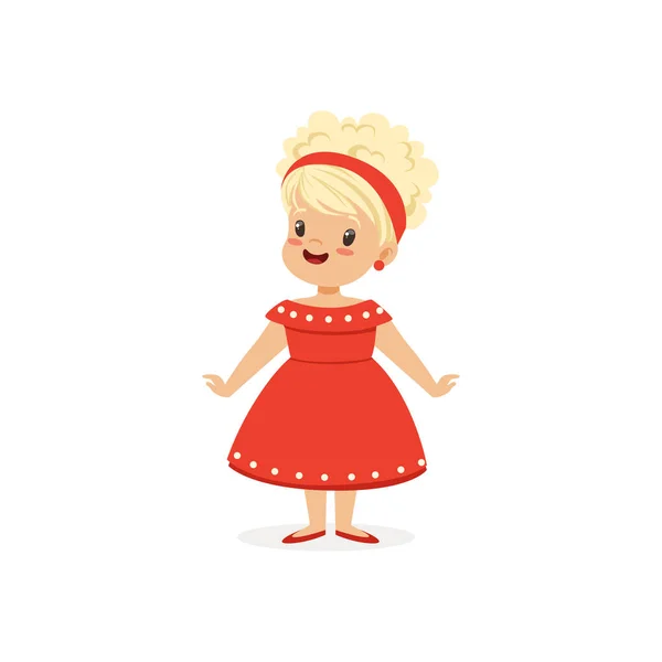 Elegant blonde little girl posing in red dress, young lady dressed up in classic retro style vector Illustration — Stock Vector