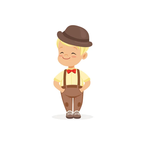 Menino bonito em chapéu de jogador, jovem cavalheiro vestido com vetor estilo retro clássico Ilustração — Vetor de Stock